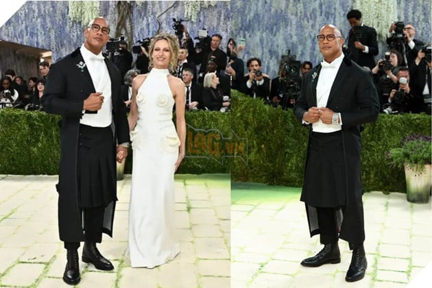 Hình ảnh nam diễn viên Dwayne Johnson diện váy sánh vai cùng vợ là Lauren Hashian  tại Met Gala 2026.