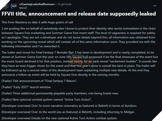 Final Fantasy 7 Remake Part 3 Dường Như Đã Rò Rỉ Tiêu Đề Kèm Ngày Ra Mắt  2