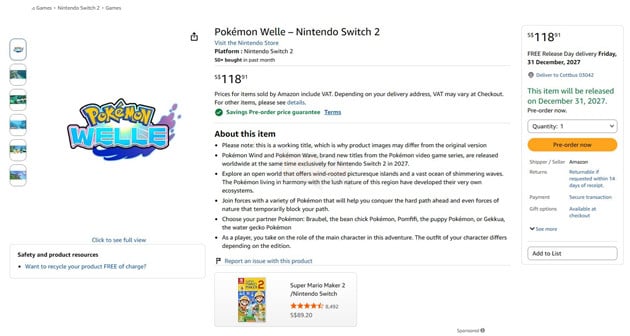 Pokemon Winds and Waves Dường Như Đã Rò Rỉ Giá Cả Trên Switch 2 2