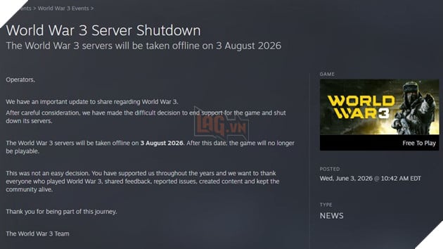 Tựa game World War 3 chính thức đóng cửa, máy chủ sẽ ngừng hoạt động vào tháng 8