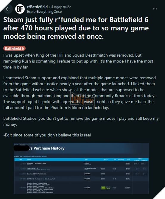 Chơi Battlefield 6 Đến 470 Giờ Nhưng Vẫn Được Steam Hoàn Tiền Đầy Đủ 2