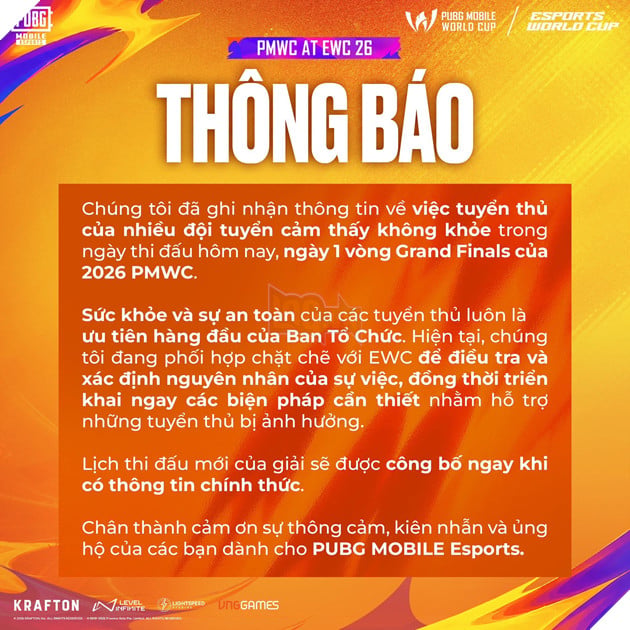 Vòng Chung Kết PUBG Mobile EWC 2026 Chấn Động Bởi Thông Tin Ngộ Độc Thực Phẩm 4