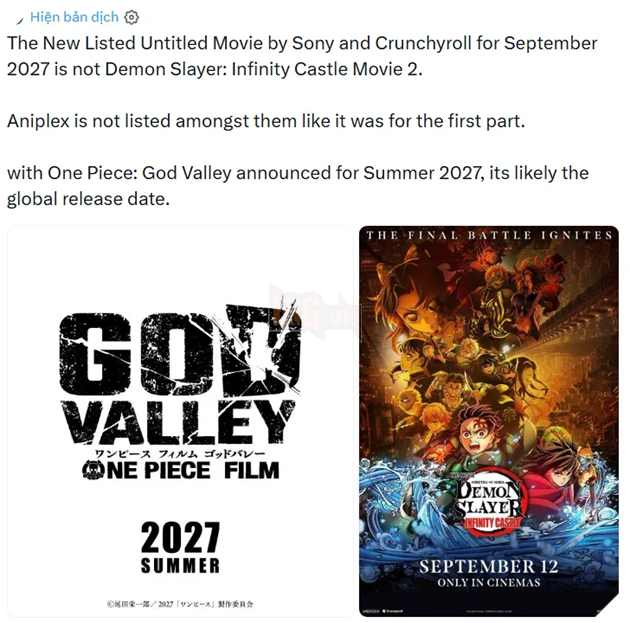 Sony và Crunchyroll đặt chỗ bom tấn chiếu rạp vào tháng 9/2027: Dân mạng sôi sục đồn đoán Vô Hạn Thành phần 2 hay One Piece: God Valley ? 3